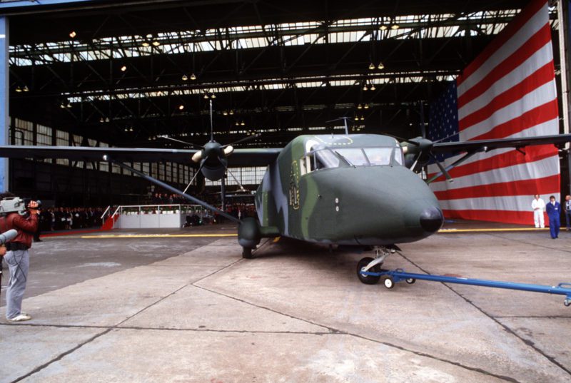 The first US Air Force C-23A Sherpa aircraft is rolled out of a hangar at Belfast Harbor Airport during the official introduction ceremony.  Built by Short Brothers Limited of Belfast, the C-23A will be used by the European Distribution System Aircraft Program to ferry aircraft parts and engines to bases in Europe.