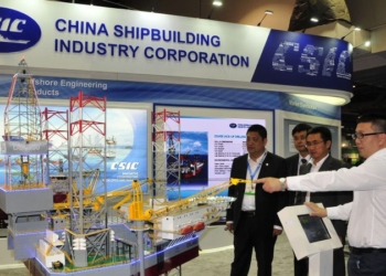 HOUSTON, May 2, 2017 -- Photo taken on May 1, 2017 shows the stand of China Shipbuilding Industry Corporation at the 48th Offshore Technology Conference (OTC) in Houston, the United States. Chinese companies participated in the 48th Offshore Technology Conference (OTC), which kicked off Monday in Houston. (Xinhua/Zhang Yongxing via Getty Images)