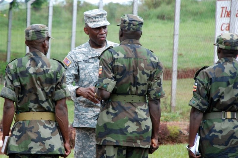 JINJA, Uganda - General William "Kip" Ward, commander of U.S. Africa Command, meets with Ugandan troops April 11, 2008, at the Ugandan Noncommissioned Officers Academy in Jinja. (AFRICOM)