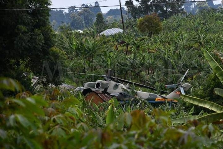 A Ugandan Air Force Mi-24 'Hind' gunship that crashed in Fort Portal city.