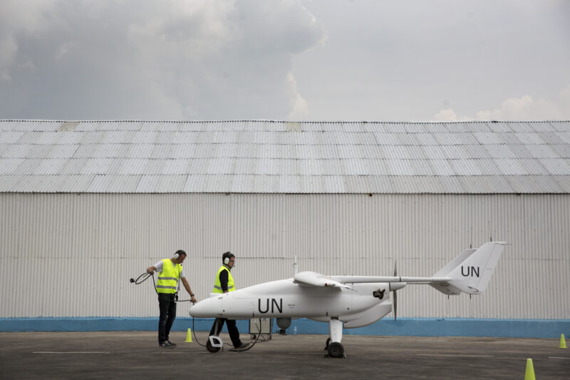 A technician team prepare the launch of MONUSCO Unarmed drone during official ceremony with Herve Ladsous, Goma the 3rd of December 2013.   © MONUSCO/Sylvain Liechti