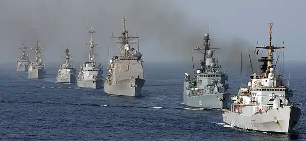 Ships assigned to Combined Task Force One Five Zero (CTF-150) assemble in a formation in the Gulf of Oman, 6 May 2004
