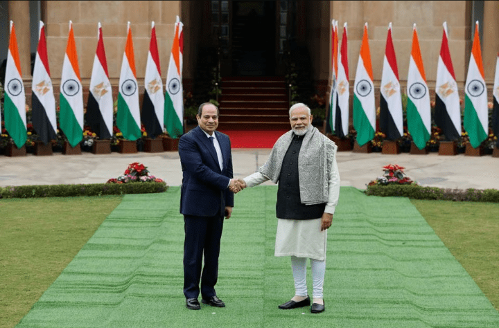 Egyptian President Abdel Fattah El Sisi shakes hands with Indian Prime Minister Narendra Modi before their meeting at the Hyderabad House in New Delhi, India, January 25, 2023. REUTERS/Adnan Abidi