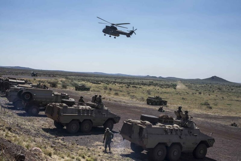 Members of the South African Air Force can be seen flying a Oryx military helicopter as they participate in a military exercise called exercise Seboka at the Aasvoelkop training field in the Northern Cape, South Africa, 25 September 2014.The army held the training exercise to demonstrate its readiness to effectively deploy when commanded. Picture: IHSAAN HAFFEJEE