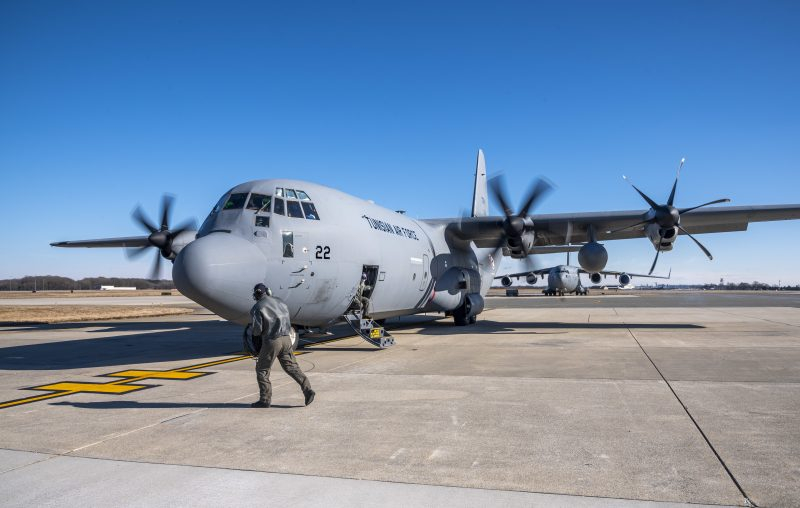 A Tunisian air force C-130J Super Hercules prepares for takeoff after completing a foreign military sales mission at Dover Air Force Base, Delaware, Jan. 28, 2021. Tunisia is a major non-NATO ally of the United States and already works with the Defense Department on many shared interests and concerns. Some of the shared interests include freedom of navigation, intelligence sharing, humanitarian operations and disaster relief. Due to its strategic geographic location, Dover AFB supports approximately $3.5 billion worth of FMS operations annually. (U.S. Air Force photo by Senior Airman Christopher Quail)