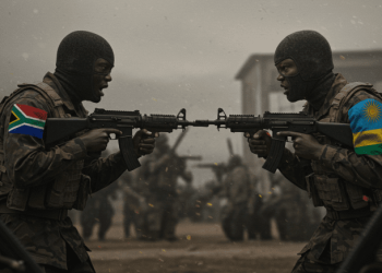 Depiction of Rwanda and South African military engaged in a heated confrontation.