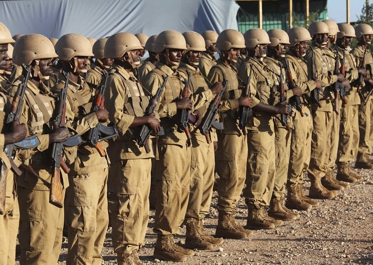 AMISOM Djiboutian soldiers in a parade to mark the 38th Anniversary of Djiboutian Armed Forces Day in Sector 4 Beletweyne, Somalia on June 6 2015. AMISOM Photo / Mohamed Haji