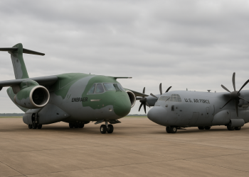 photorealistic highly-detailed side by side image of an embraer c-390 aircraft and a lokheed martin c-130 aircraft.