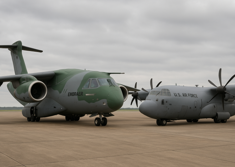 photorealistic highly-detailed side by side image of an embraer c-390 aircraft and a lokheed martin c-130 aircraft.