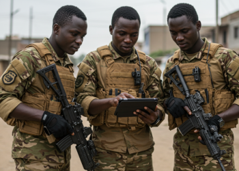 ARTIFICIAL INTELLIGENCE IN AFRICA'S DEFENCE. A photorealistic, highly detailed image of three modern African soldiers using an electronic tablet.