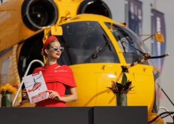 Rostec heavy-duty Ka-32A11M firefighting helicopter displayed at the Dubai 2025 Airshow.