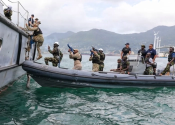 A Seychelles rigid hulled inflatable boat (RHIB) approaches the Seychelles Coast Guard vessel La Flèche to conduct a visit, board, search and seizure (VBSS) law enforcement exercise during Cutlass Express 2026 (CE 26). CE 26 is one of three regional Express series exercises sponsored by U.S. Africa Command and enabled by U.S. 6th Fleet as part of a comprehensive strategy to provide collaborative opportunities amongst African forces and international partners in order to address maritime security concerns. (U.S. Navy Photo by Mass Communication Specialist 1st Class Stephanie Butler / RELEASED).