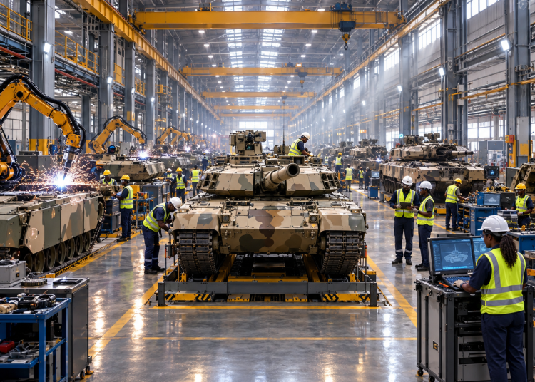 A realistic image portraying an African-operated main battle tank factory.
