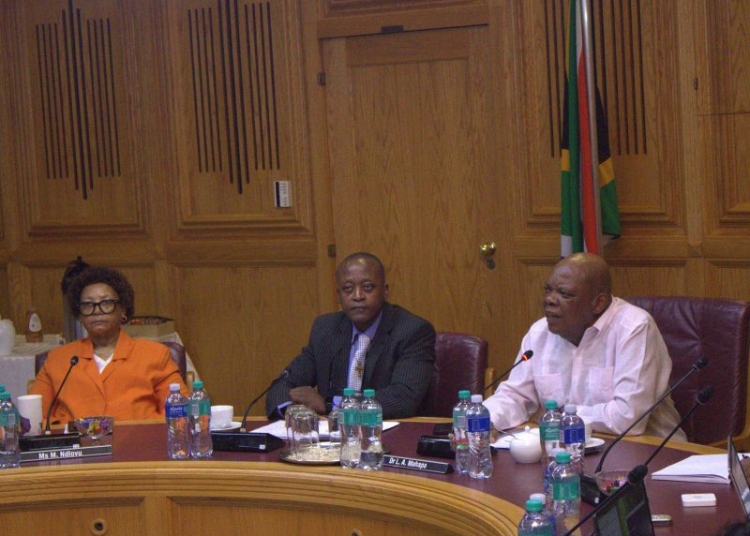 From L to R: Margaret Ndlovu (Deputy Chairperson of Armscor Board), Bereng Mthimkhulu (Secretary for Defence) and Dr Lesiba Mahapa (Chairperson of Armscor Board) lead proceedings during the inaugural joint board meeting of Armscor and Denel.