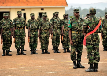Uganda Peoples Defense Force soldiers stand in formation during a demonstration of skills learned at the UPDF Non-Commissioned Officers Academy in Jinja, Uganda, Jan. 9, 2009. U.S. Soldiers attached to Combined Joint Task Force-Horn of Africa are providing mentorship and assistance to the UPDF NCOA. (U.S. Navy photo by Petty Officer 2nd Class Jesse B. Awalt/Released)